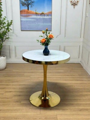 Bàn Tròn Chân Tulip Mạ Vàng, Mặt Đá Ceramic Có Viền thuộc danh mục bàn cafe
